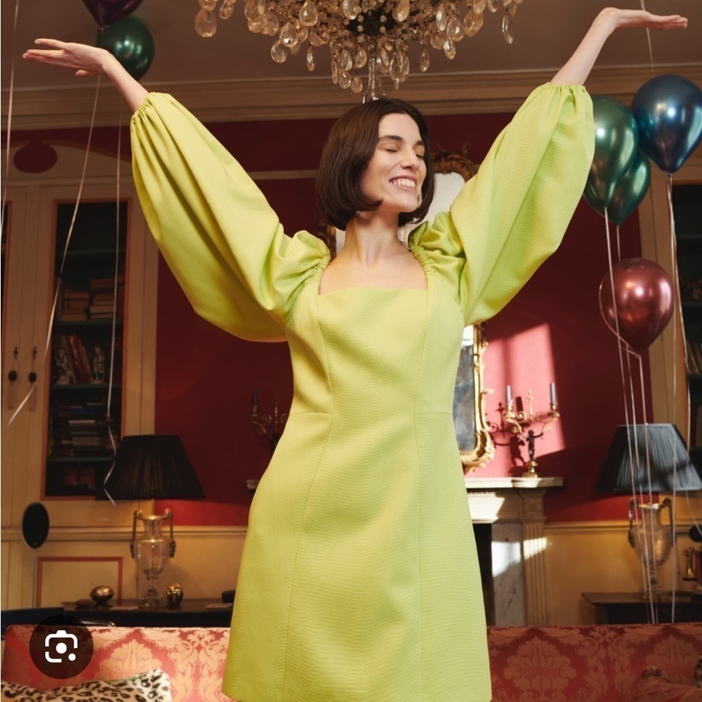 Ted Baker- NWT Lime Green Jacquard Exaggerated Sleeve Mini Dress - Picture 2 of 5